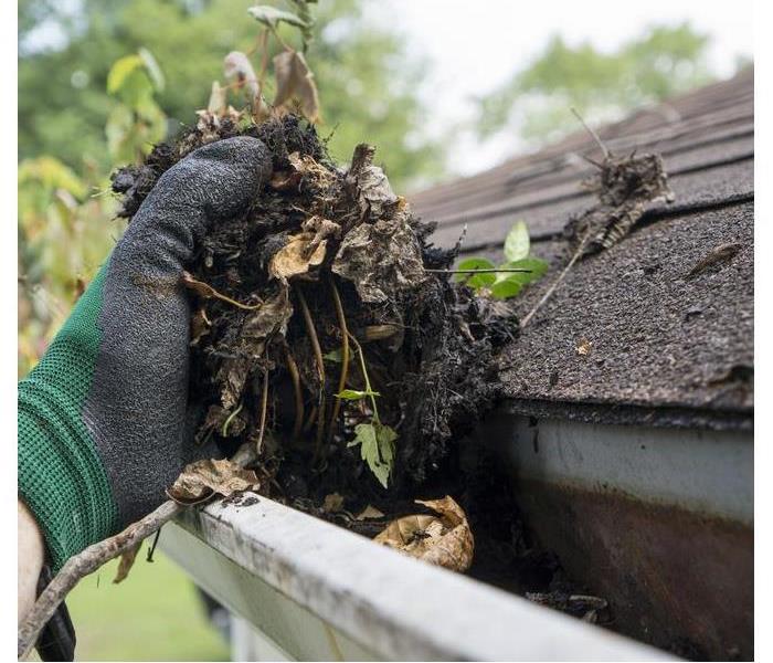 Someone's hand wearing a glove cleaning a gutter and has dirt with leaves on its hand